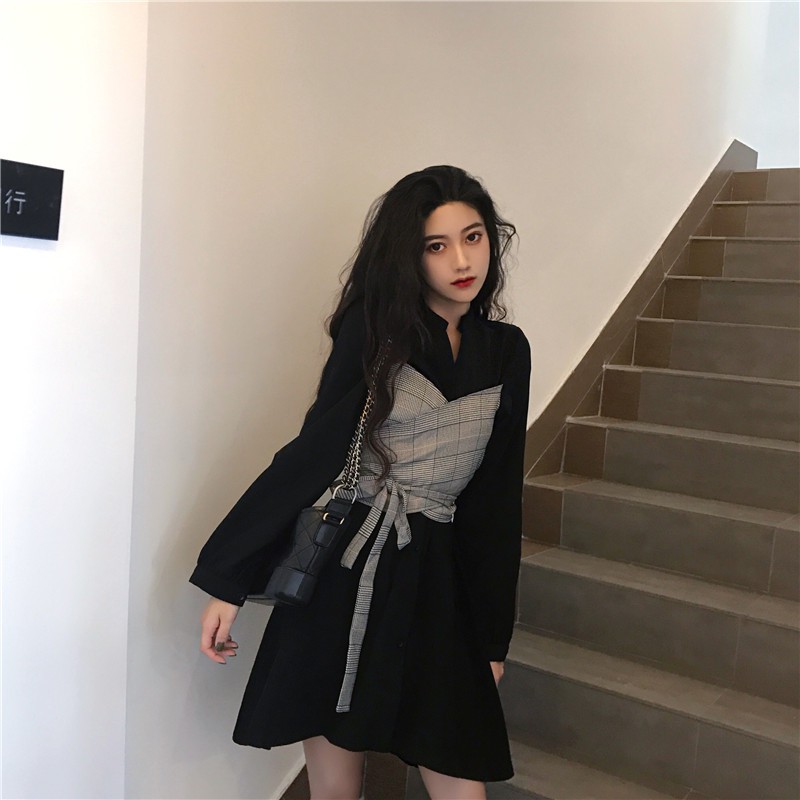 Xiaozhainv Đầm tay dài eo cao thời trang phong cách Hàn Quốc | BigBuy360 - bigbuy360.vn