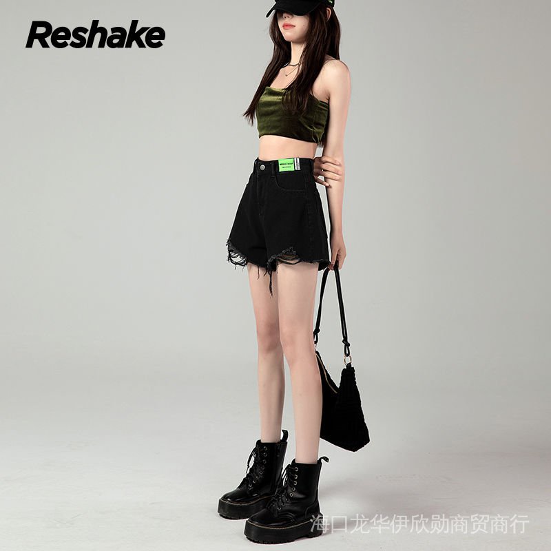 Quần Short Denim Lưng Thun Cao Phối Dây Rút Màu Đen Phong Cách Hàn Quốc Thời Trang Mùa Hè Cho Nam Và Nữ 2022 Quần Đùi Lưng Cao Thời Trang Cho Nữ