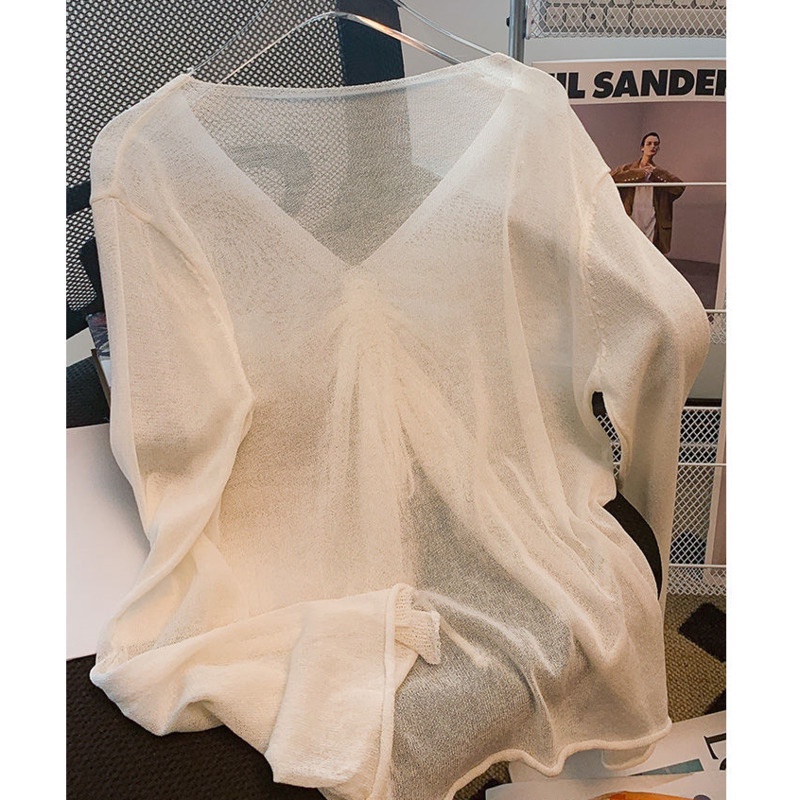 Áo Dệt Kim Tay Loe Cổ Chữ V Phối Dây Rút Màu Trong Suốt Thời Trang Cho Nữ