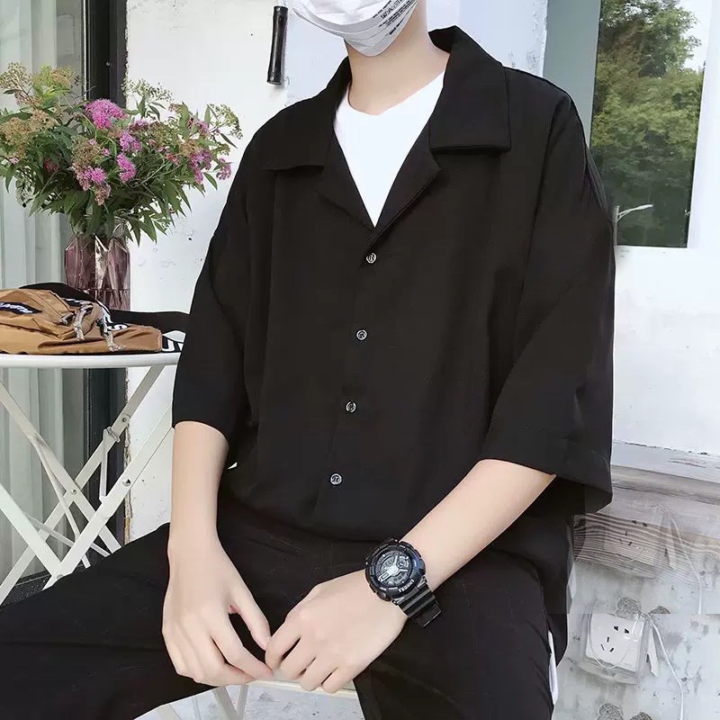 ÁO SƠMI LỤA ĐEN TRƠN CỔ VEST FORM UNISEX (có hình chụp thật) | BigBuy360 - bigbuy360.vn