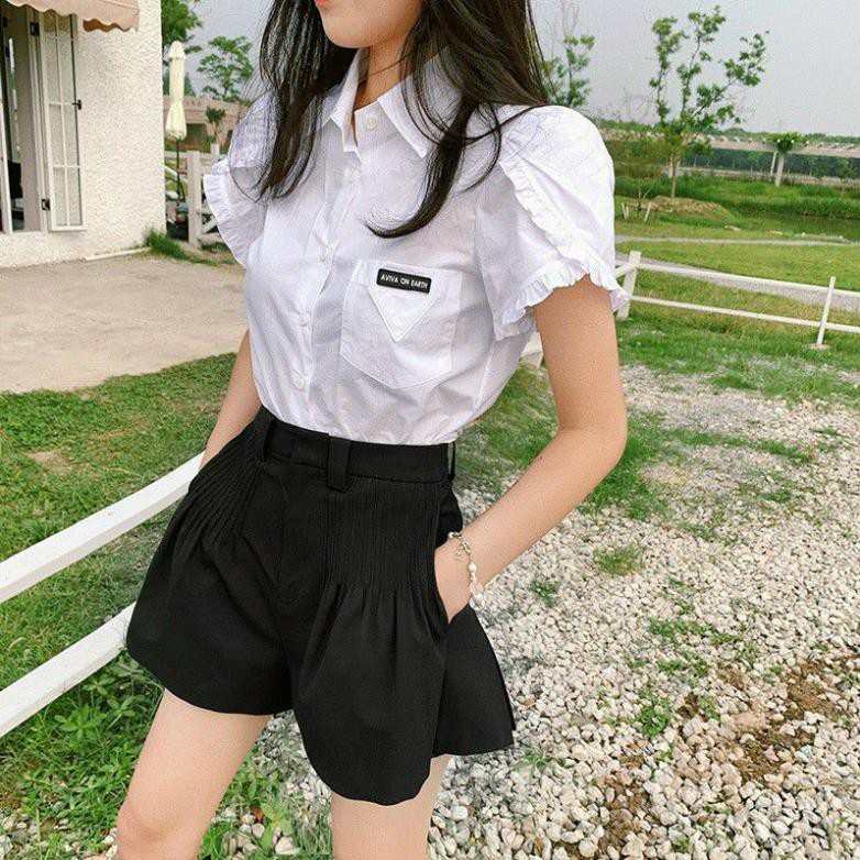 Áo sơ mi Croptop thêu logo toschool tay viền bèo