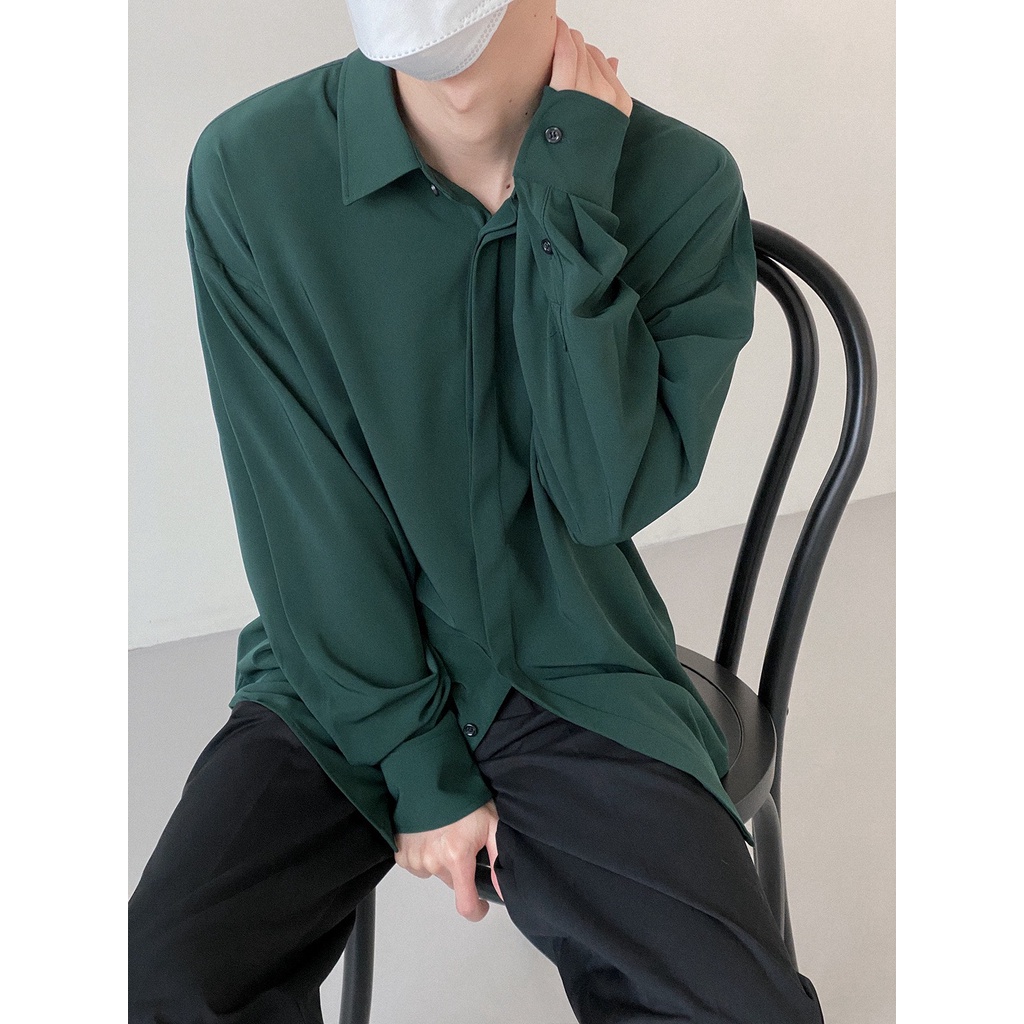 Áo sơ mi Xanh lá đậm giấu cúc cổ bẻ, cổ trụ, cổ vest tàu dài tay form rộng phong cách hàn quốc cao cấp MEMOTOP MM03
