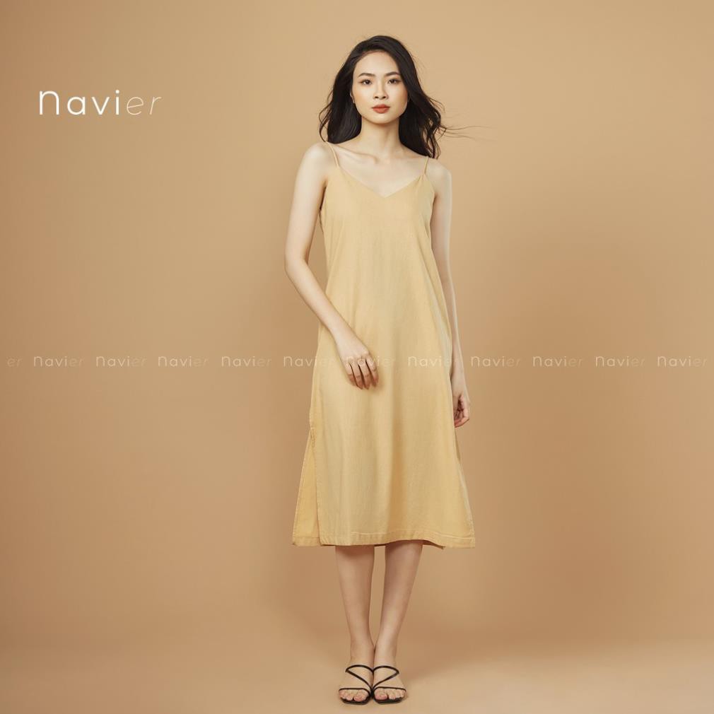 VÁY 2 DÂY DÀI SUÔNG XẺ TÀ HAI BÊN - ĐẦM HAI DÂY XUÔNG MAXI - LINEN CAMISOLE DRESS D01 NAVIER ˇ