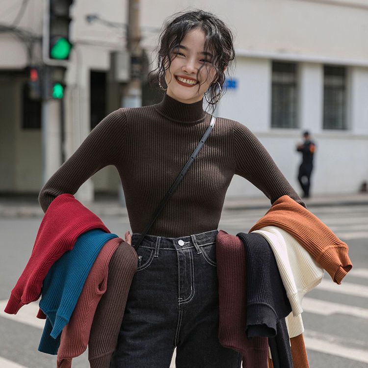 Áo COZOKC dệt kim tay dài cổ lọ ôm dán thời trang quyến rũ