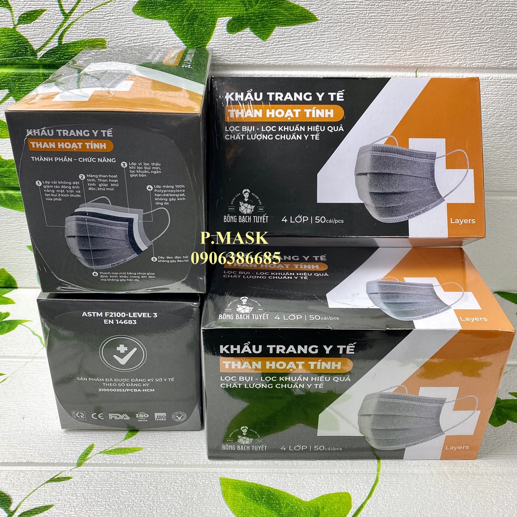 Khẩu trang THAN HOẠT TÍNH 4 lớp BẠCH TUYẾT mới 50 cái / hộp chính hãng Bông Bạch Tuyết