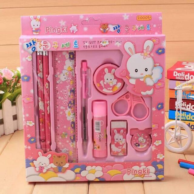 Bộ dụng cụ học tập 9 món bút bi,bút chì,thước kẻ,tẩy,kéo,gọt xoáy bút chì,keo dán giấy cực kỳ đáng yêu