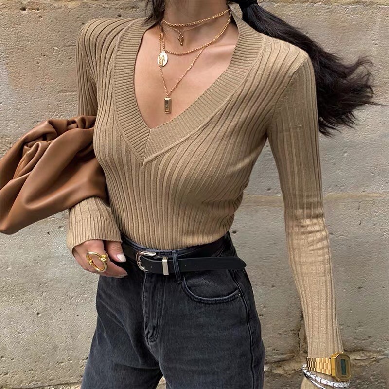 Áo len gân cao cấp cổ tim tay dài | BigBuy360 - bigbuy360.vn