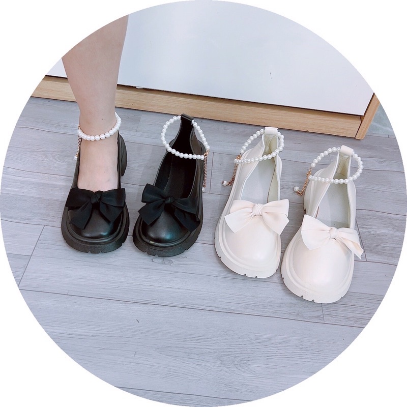 Giày Lolita nữ quai ngọc mũi nơ, giày búp bê phong cách Hàn Quốc
