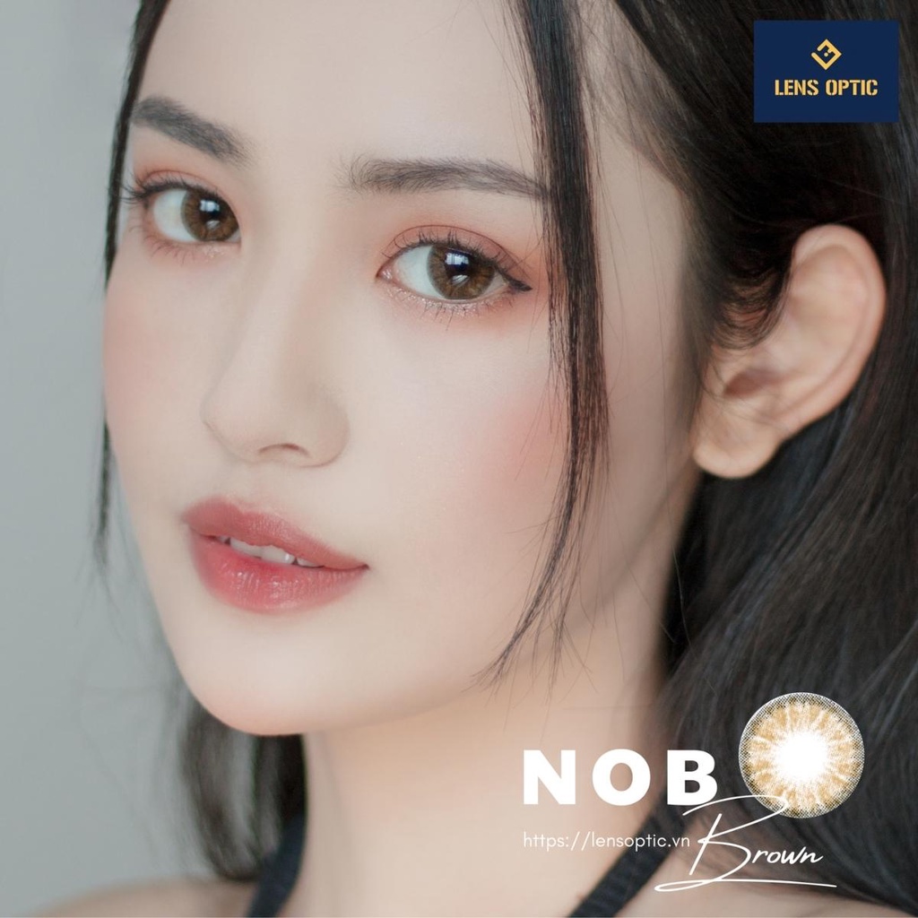 Lens mắt màu nâu áp tròng Nob brown 14.2mm 6 tháng, kính áp tròng có độ cận -0.00>-6.00-Lens Optic