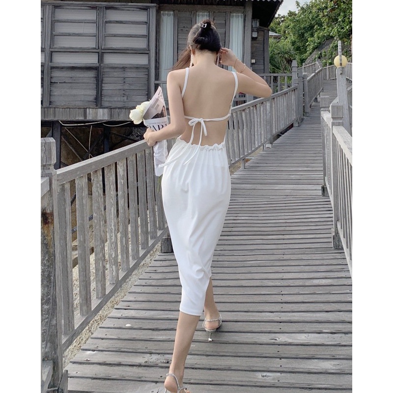 Váy trắng đi biển cổ yếm maxi đầm đi biển dài dự  tiệc nữ đẹp 2 dây dáng dài bikini kiểu Hàn Quốc hở lưng 1072 DK5T403