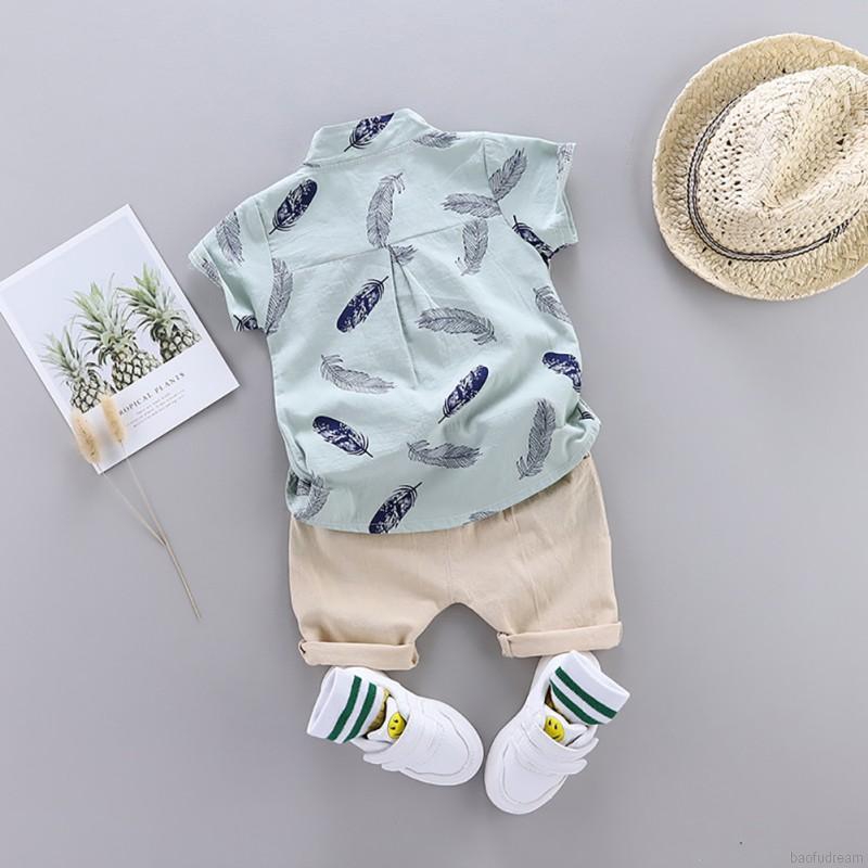 Set áo tay ngắn+quần đùi họa tiết lông vũ đáng yêu dành cho bé trai 0-4 tuổi