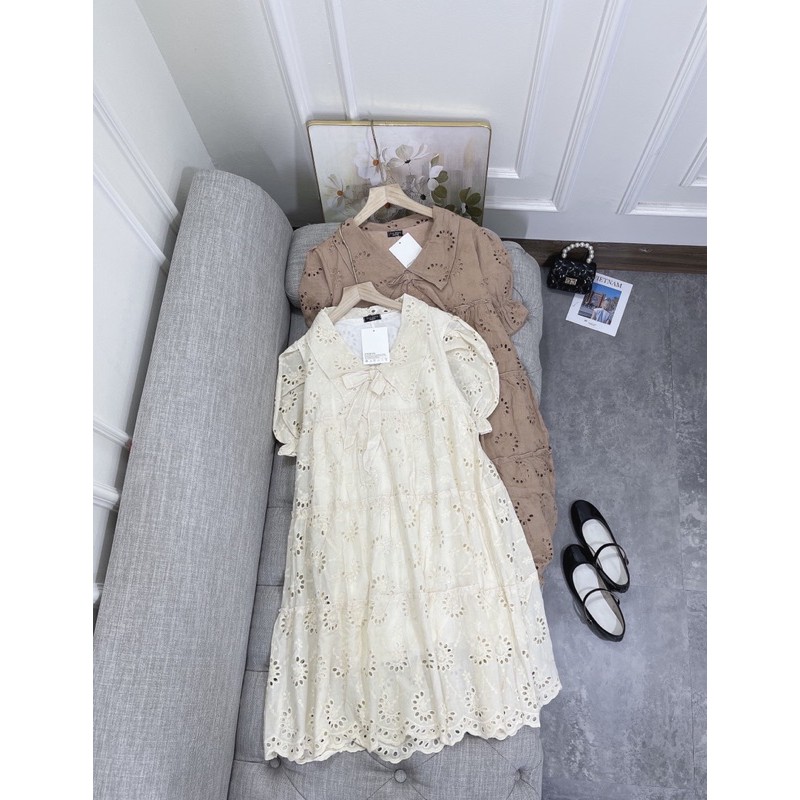 Váy hoa ren lỗ cổ bẻ tay bồng cưc đẹp Chất thô lụa dệt | BigBuy360 - bigbuy360.vn