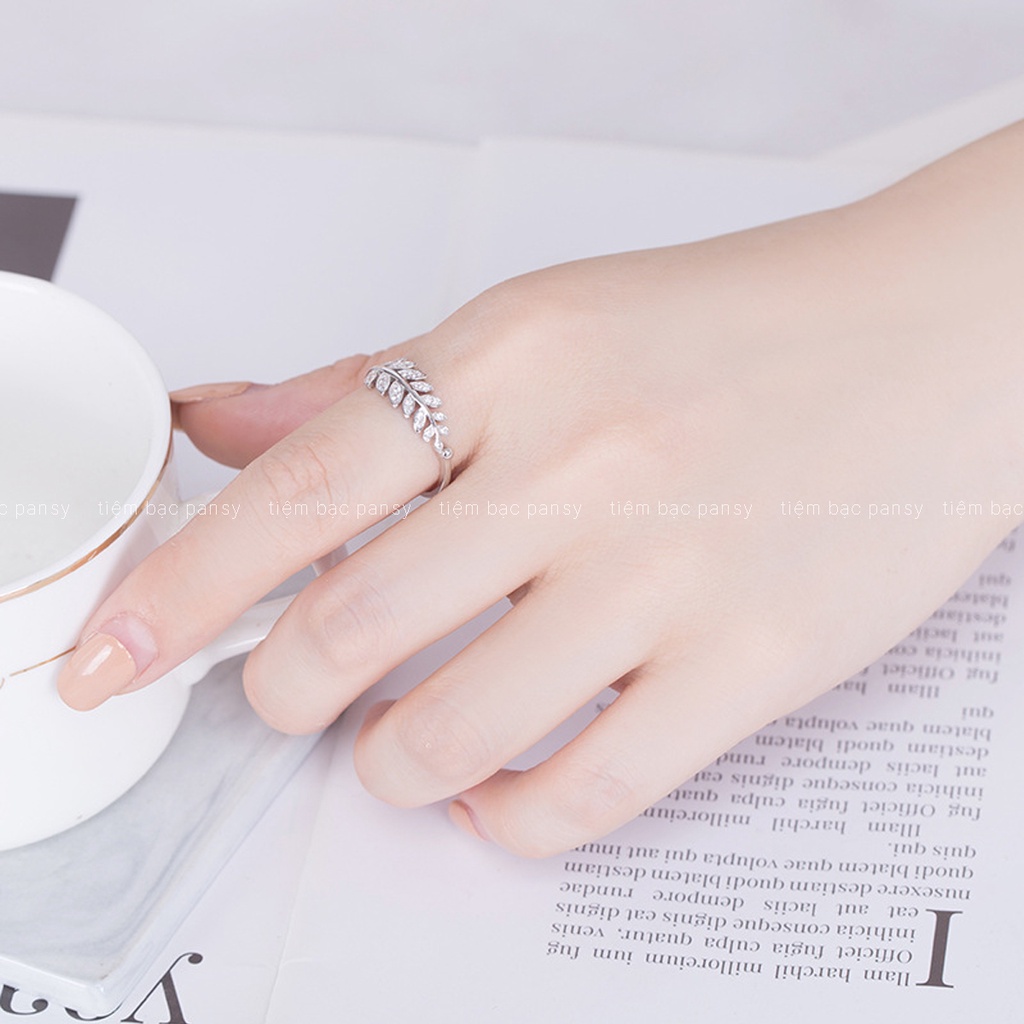 Nhẫn bạc nữ PANSY hình chiếc lá oliu đính đá, nhẫn bạc 925 thiết kế hở freesize