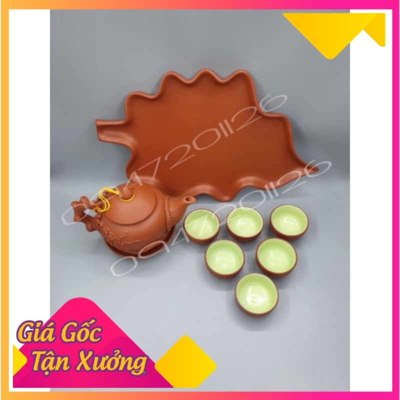 Bộ ấm chén tử sa gốm sứ Bát tràng gốm đỏ khay lá ấm đắp nổi 450ml siêu đẹp