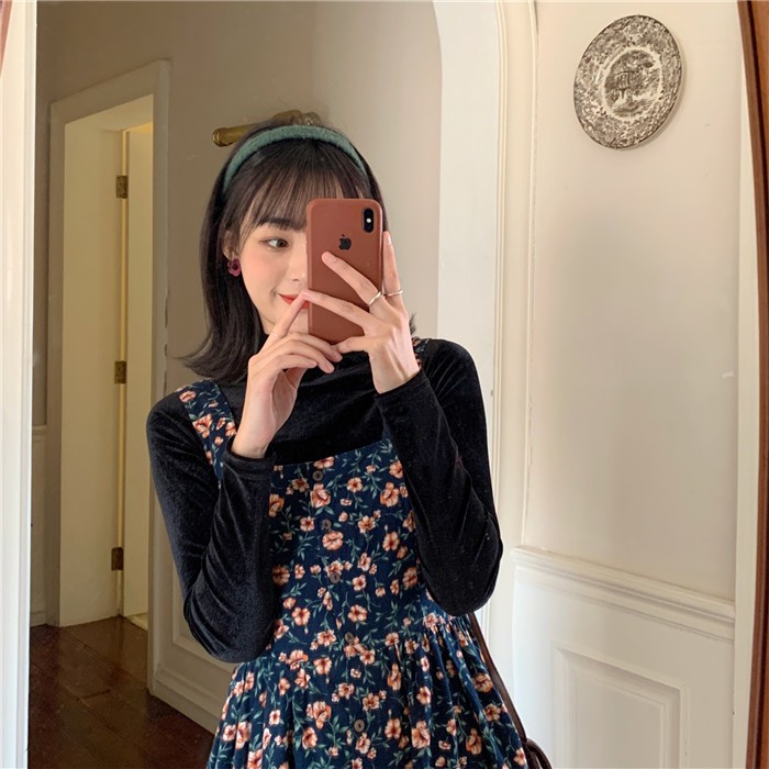 (HÀNG SẴN ) Váy yếm hai dây hoa nhí xòe dài vintage mùa thu kiểu Pháp nhẹ nhàng | BigBuy360 - bigbuy360.vn