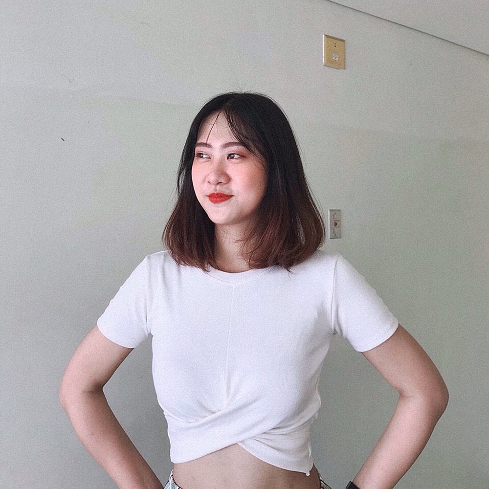 Áo croptop nữ cổ tròn xoắn eo tay ngắn cá tính chất thun gân mềm mịn co giãn