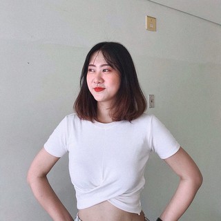 Áo croptop nữ cổ tròn xoắn eo tay ngắn cá tính chất thun gân mềm mịn co giãn