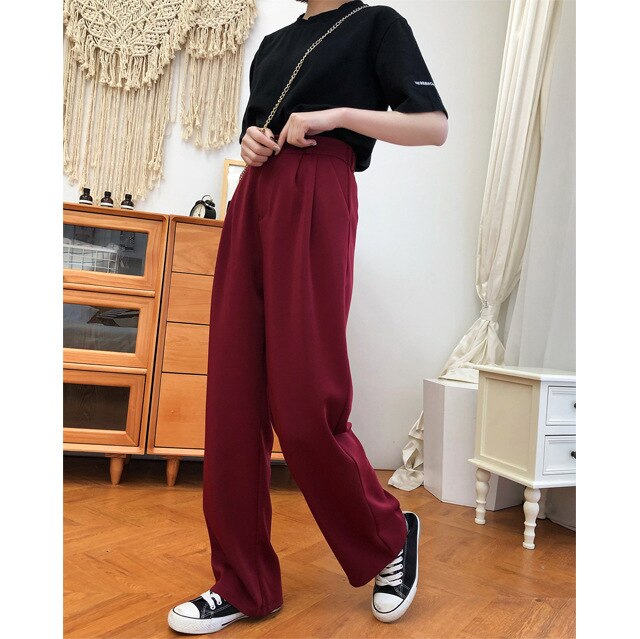 New Women Casual Basic Long Wide leg Pant Trousers Elastic Suit Solid Plus Size S~4XL