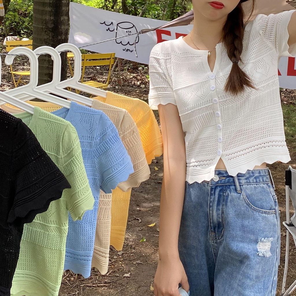 Áo Croptop Dệt Kim Tay Ngắn Cổ Chữ V Dáng Ôm Thời Trang Cho Nữ