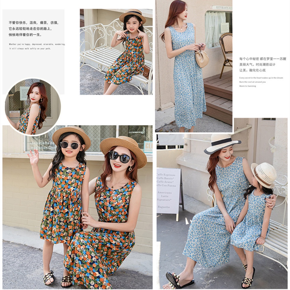 Đầm Cotton Dáng Dài Không Tay In Hoa Thời Trang Xuân Hè Dành Cho Mẹ Và Bé Size S-XL 110-160cm