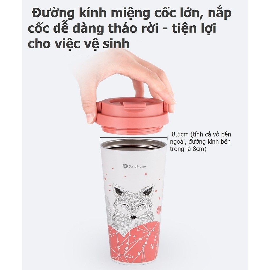 Cốc 500ml DandiHome inox 304 cách nhiệt, giữ nhiệt nóng lạnh hình chú Cáo