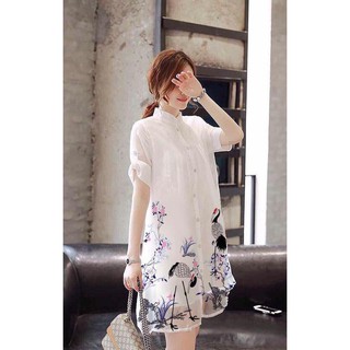 Đầm suông cổ trụ in hạc siêu hot kèm đàm VD42 dây lót