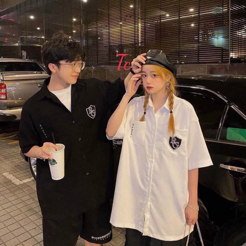 Áo Sơ Mi Logo RG Dáng Rộng ❤ Áo Tay Lỡ Hàn Quốc Chất Cotton Nam Nữ