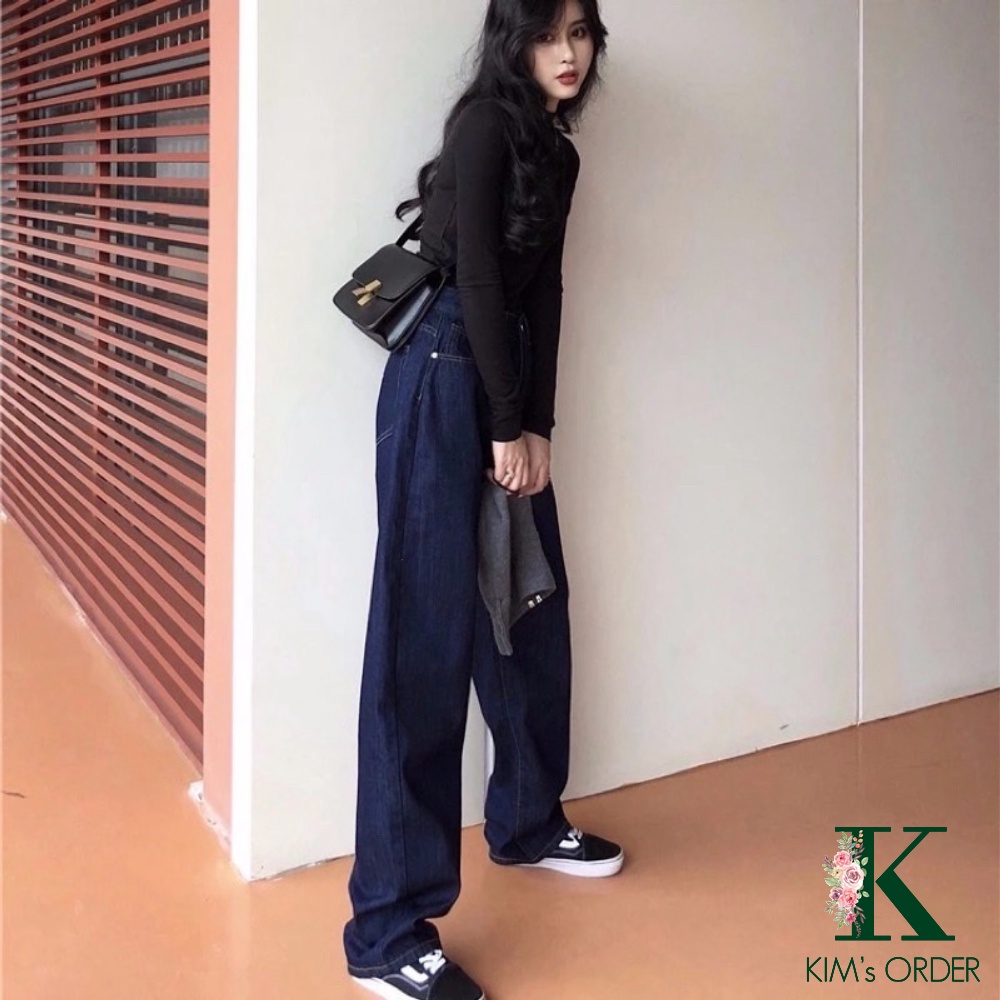 Quần Jean Nữ Màu Xanh Than Cạp Cao Ống Rộng Dáng Suông Phong Cách Ulzzang Hàn Quốc Basic Đi Học Đi Làm Đi Chơi
