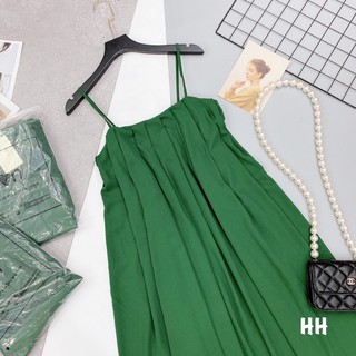 set váy maxi 2s xếp ly xanh lá đậm