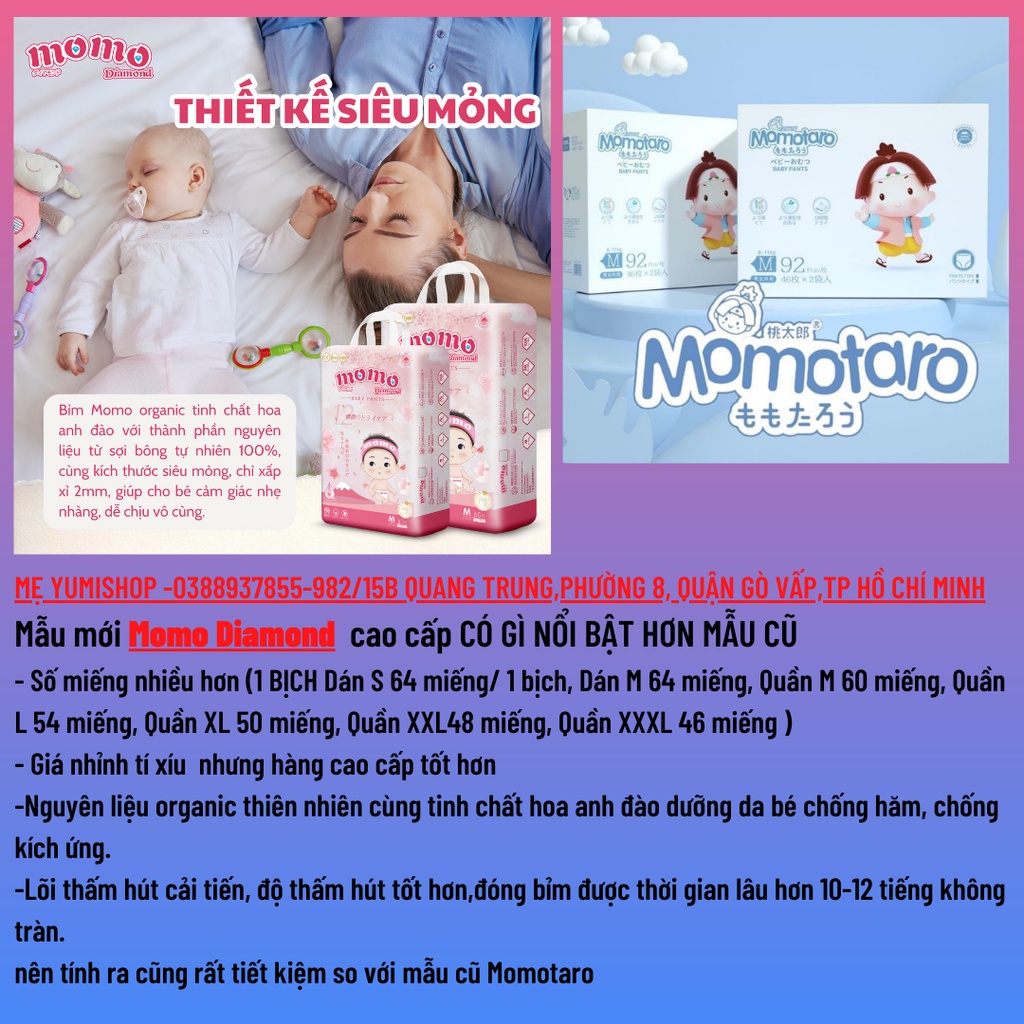 [Mẫu mới] Bỉm tã dán/quần MOMO DIAMOND ORGANIC tinh chất hoa anh đào đủ size Sd64/Md62/ M60/L54/XL50/XXL48/XXXL46