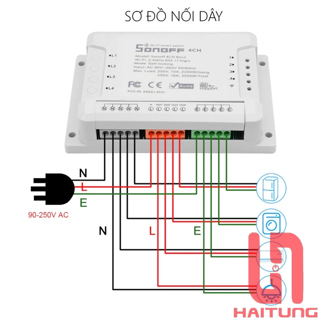Công tắc thông minh Sonoff 4CH R2 điều khiển từ xa qua WIFI, 3G, 4G