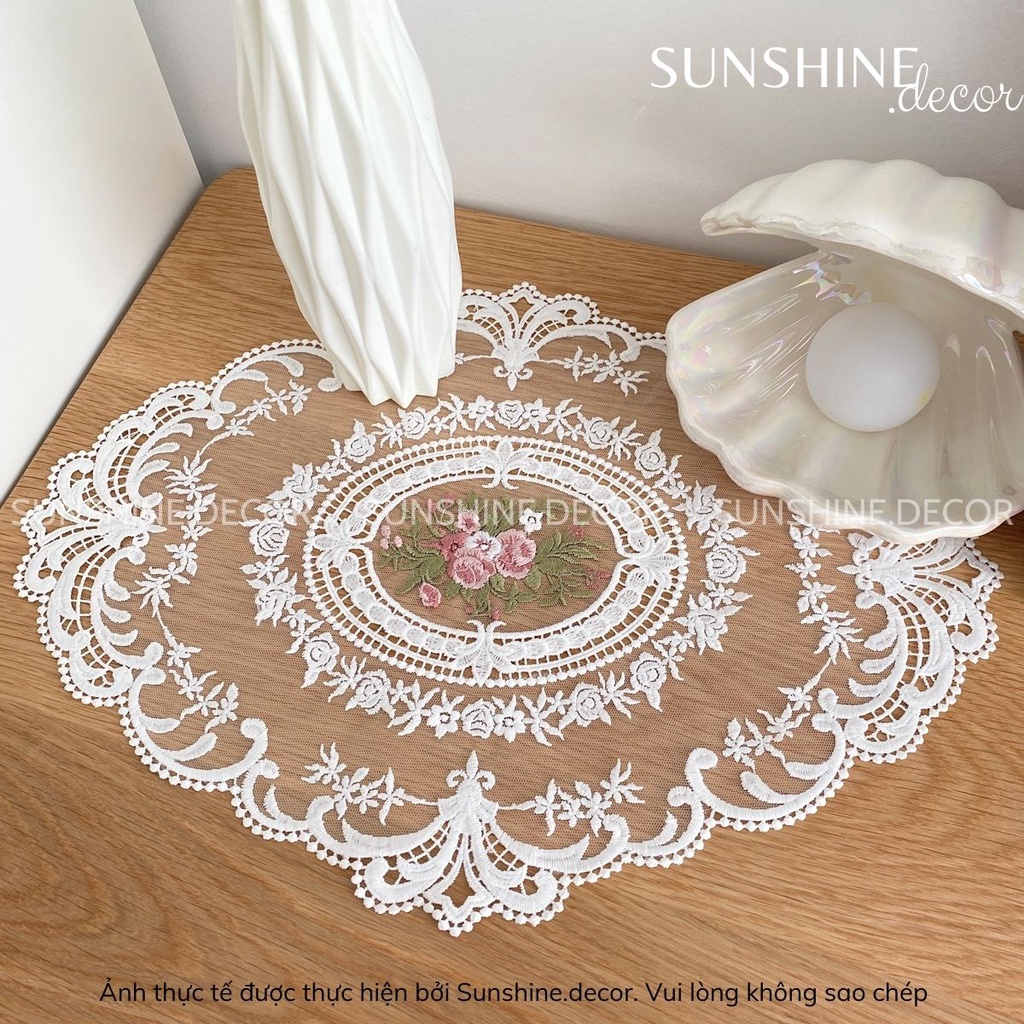 Tấm lót bình hoa thêu ren miếng lót lọ hoa khăn trải trang trí bàn trà phong cách vintage cổ điển