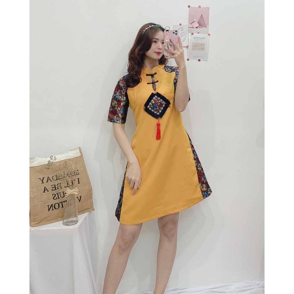 ĐẦM TẾT COTTON PHỐI GẤM THƯỢNG HẢI DÁNG SUÔNG-hình thật shop chụp | BigBuy360 - bigbuy360.vn