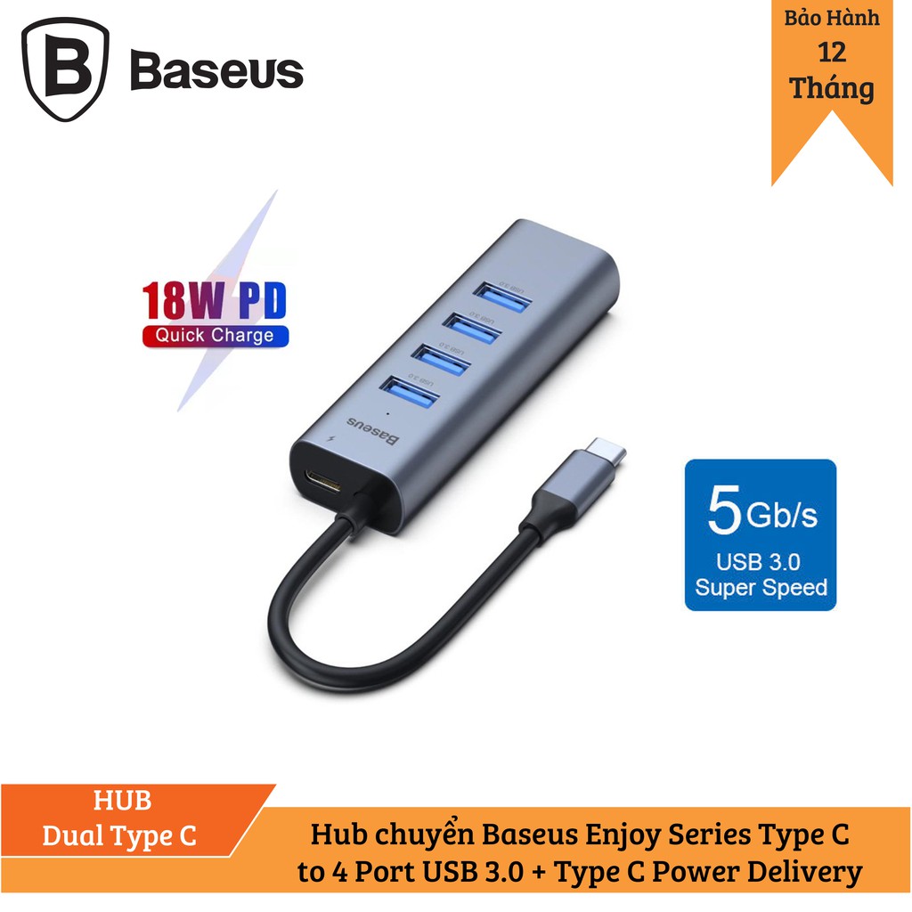 Hub chuyển Baseus Enjoy Series Type C to 4 Port USB 3.0 + Type C Power Delivery