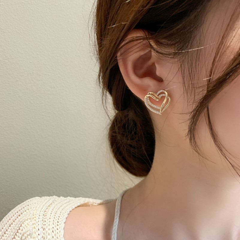 Khuyên Tai Trái Tim Mạ Bạc 925 Đính Đá Zircon Sang Trọng / Bông Tai
