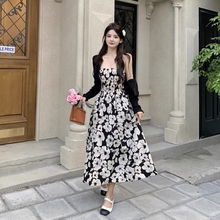  Váy Quây Hoa Nhí Lưng Chun Kèm Áo Khoác Cadigan Đen  loại 1  Đầm maxi xoè kèm áo khoác nhẹ 