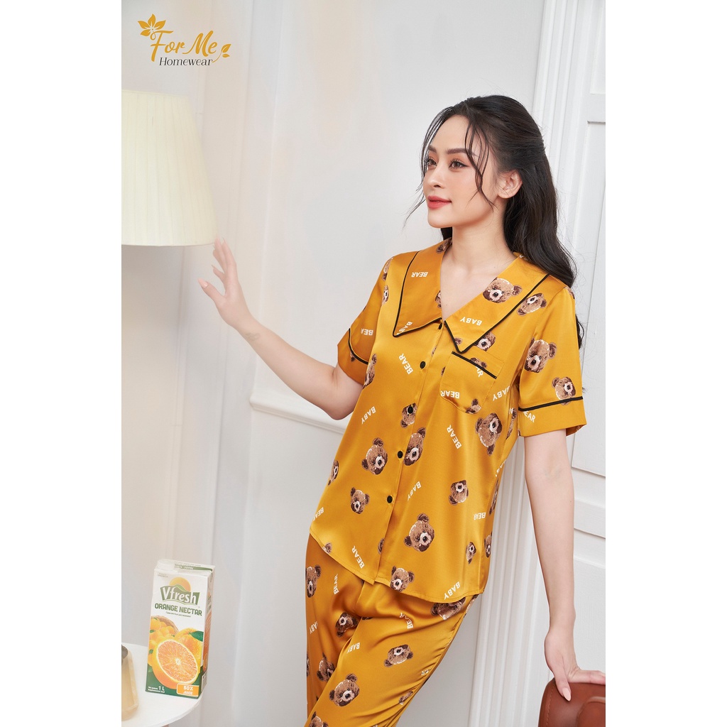 Bộ mặc nhà Lụa Giấy Luxury dáng ngắn tay quần dài Họa Tiết Gấu Bear 10, forme pijamas