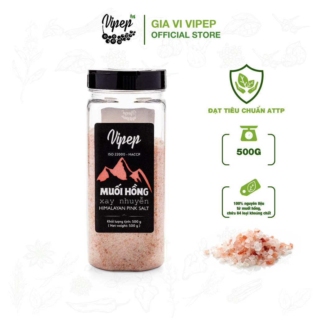Muối hồng Himalaya Vipep xay nhuyễn không chứa chất tẩy, giàu khoáng chất (có muối hồng nguyên hạt 100%) hũ 500g