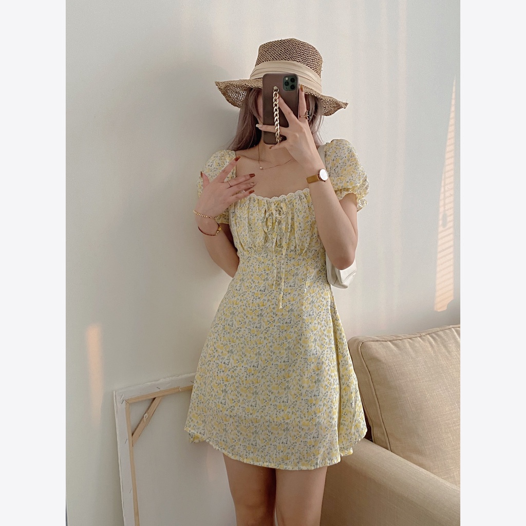 Đầm hoa nhí tay cộc, váy dáng ngắn hai lớp Emmei v132