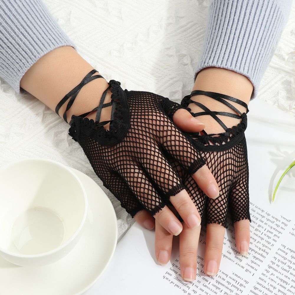 Găng Tay Ren Lưới Hở Ngón Màu Đen Phong Cách Gothic Lolita Quyến Rũ Cho Nữ