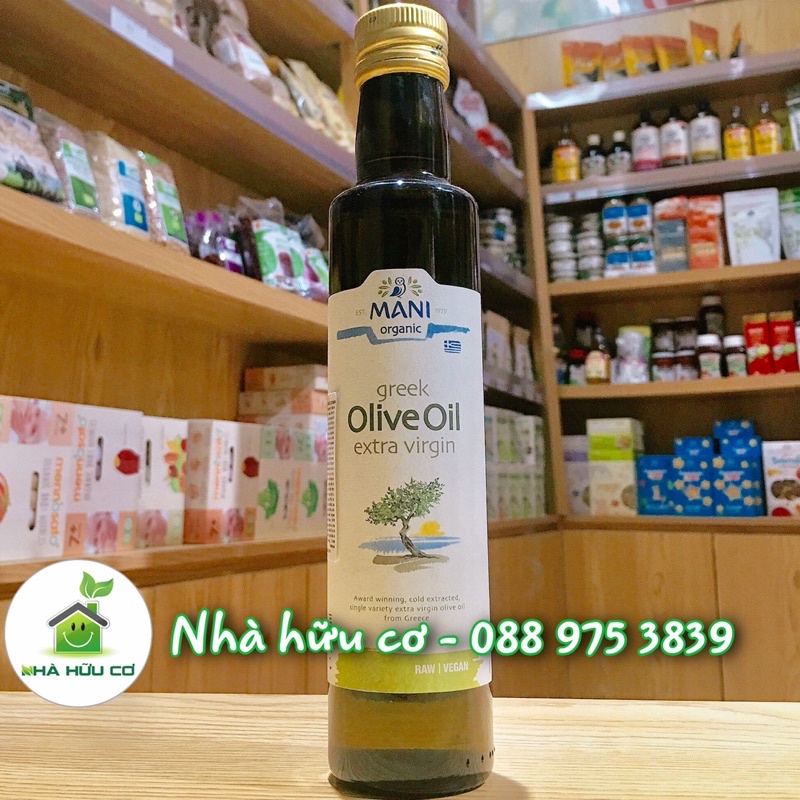 Dầu oliu hữu cơ thương hiệu Mani chai 250ml - Dầu Extra Virgin Olive ép lạnh Hữu Cơ - Date: 30/1/2023 - Nhà hữu cơ
