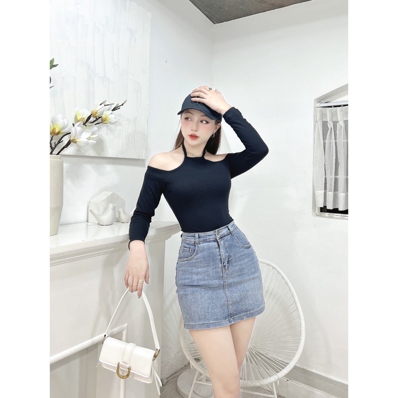 [FREESHIP- ẢNH THẬT] Áo croptop nữ vạt bầu tay dài cổ yếm cột dây hở vai ôm body nhiều màu siêu xinh