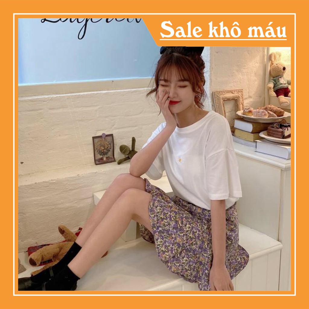 SET CHÂN VÁY HOA NHÍ VINTAGE ĐUÔI BÈO TÍM HỒNG VÀNG ĐEN MIX ÁO THUN DAISY THÊU HOA VÀNG HỒNG TRẮNG ĐEN [