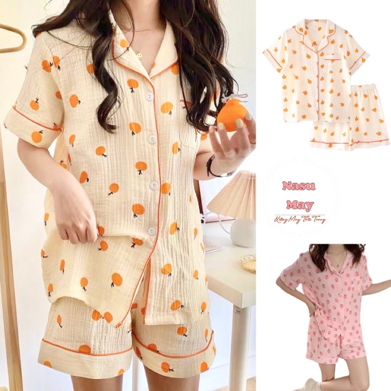 Bộ Ngủ Pijama, Set Đồ Mẫu Mới Gấu Cam Kem Cute Form Rộng Nữ