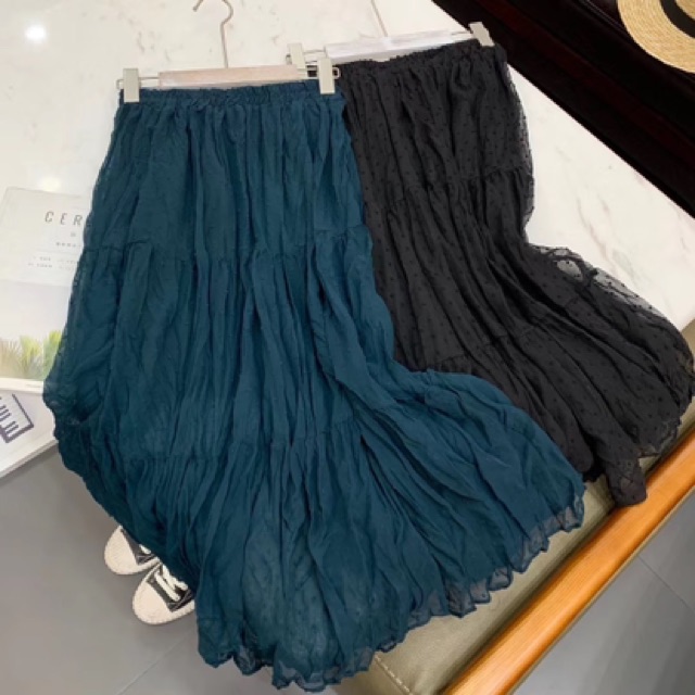 Chân váy voan nhăn xếp tầng trơn màu basic Ulzzang Style🌸 Hàng Quảng Châu