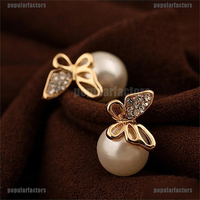 Khuyên tai ngọc trai giả màu vàng hình bướm đính đá pha lê giả thời trang cho nữ