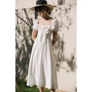 (Ảnh thật)(sẵn S) Váy đầm maxi trắng tiểu thư tay phồng thắt nơ phối bèo vintage cột dây siêu xinh