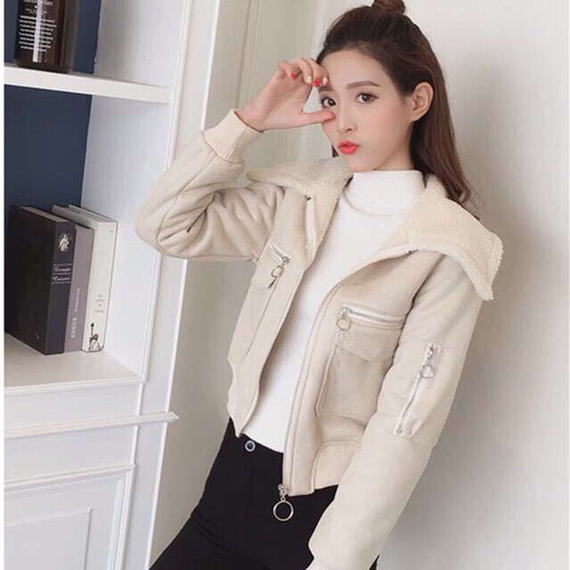 Áo Khoác Da Lộn Cổ Lông Cừu QC