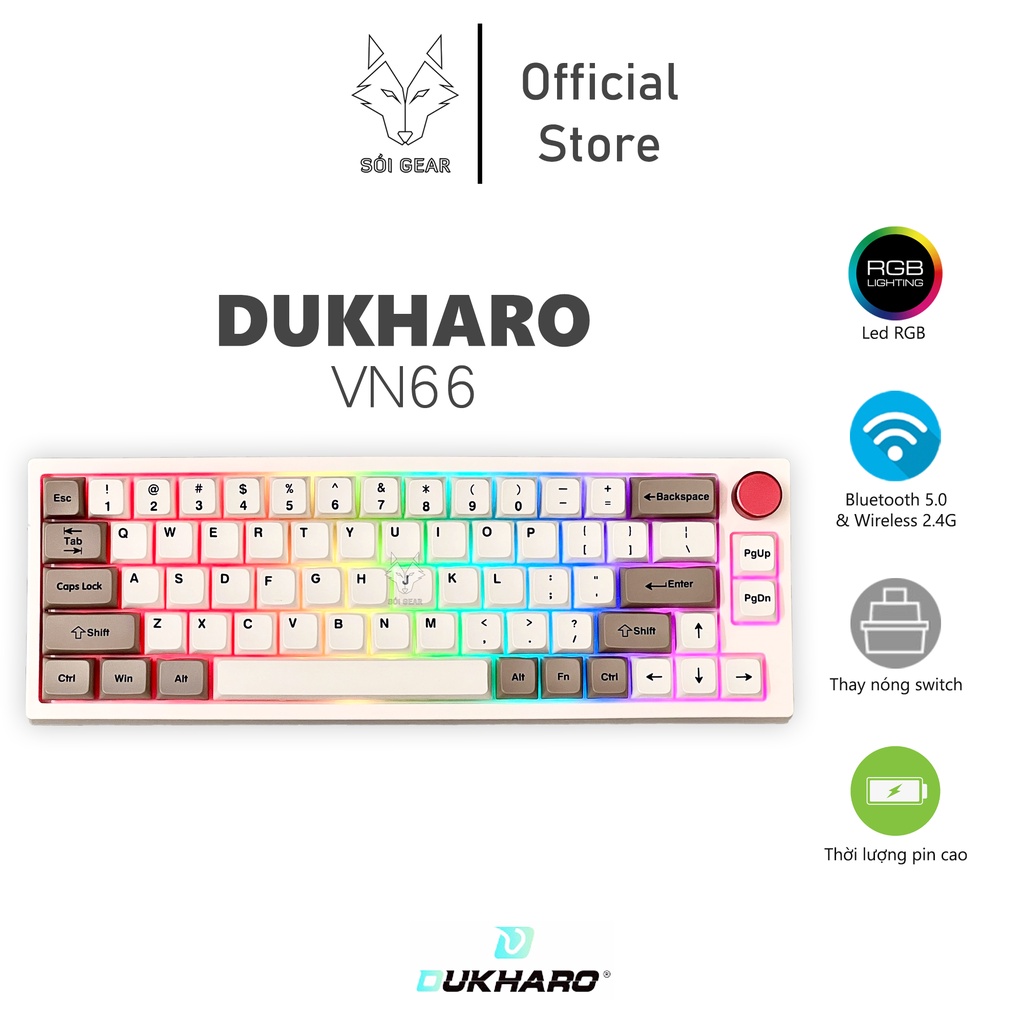 Bàn phím cơ không dây DUKHARO VN66 Mạch xuôi - Hotswap - RGB - Kết nối 3-modes Type C | Bluetooth 5.0 | Wireless 2.4G