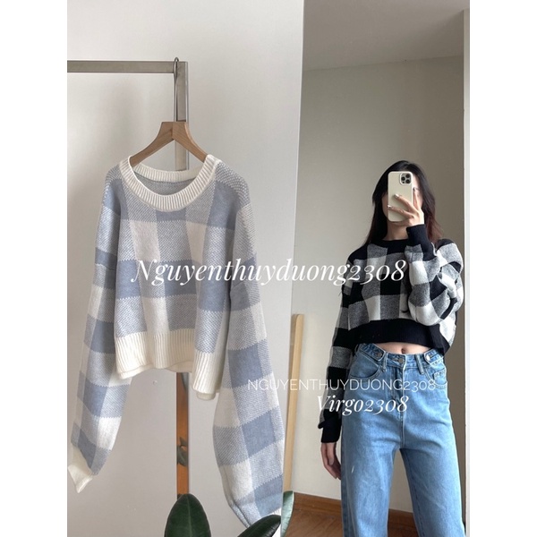 [HÀNG SẴN]ÁO LEN CROPTOP KẺ CARO cổ tròn hàng Quảng Châu
